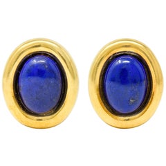 Vintage Italienisch Baraka Lapis Cabochon 18 Karat Gold Ohrringe