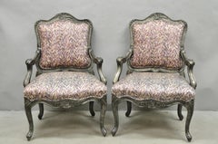 Vintage Italian Baroque Rococo Style Silver Leaf Gilt Lounge Arm Chairs - a Pair