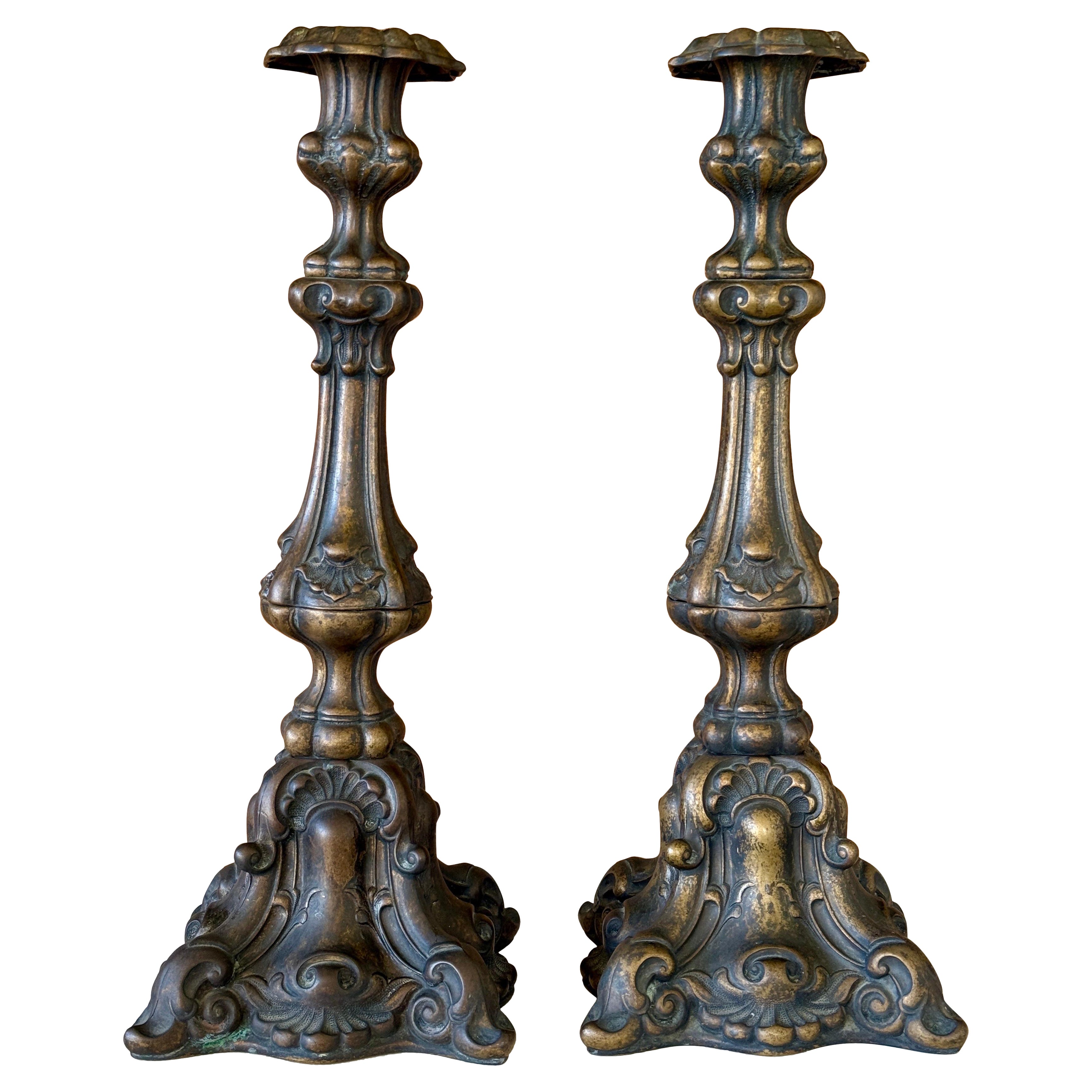 Vintage Italian Baroque-Style Bronze Candlestick Holders-Pair