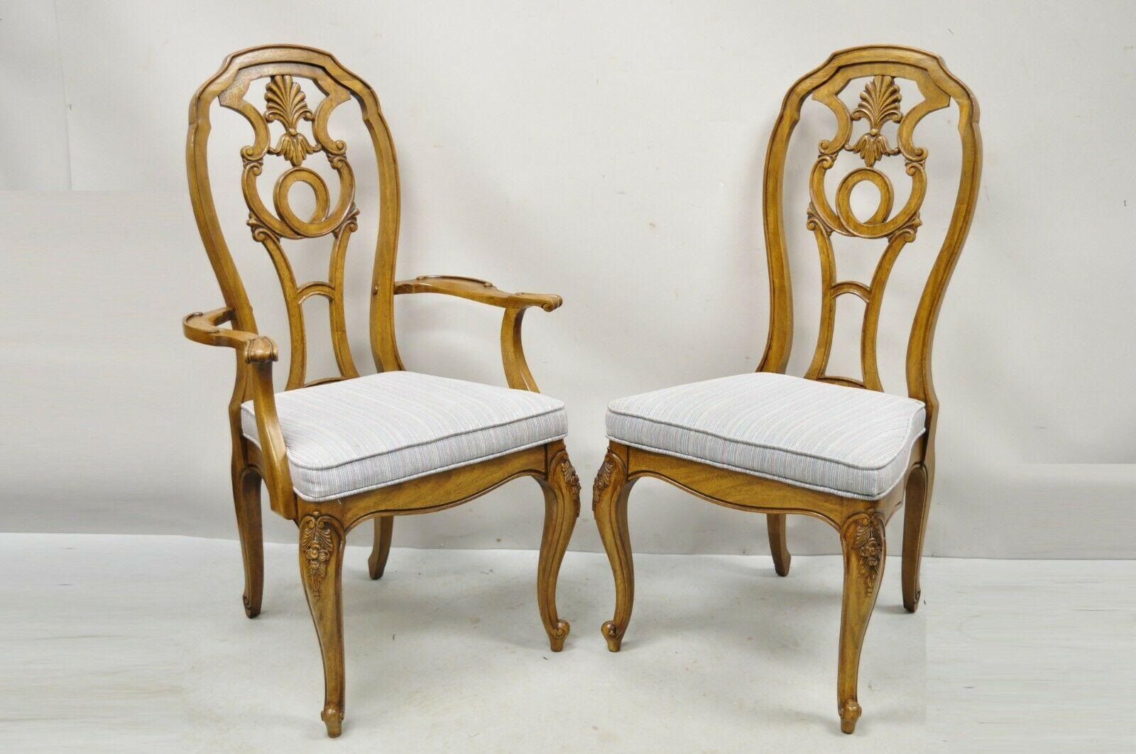 Vintage Italian Baroque style carved wood dining chairs - Set of 6. Item features (2) arm chairs, (4) side chairs, beautiful wood grain, nicely carved details, cabriole legs, very nice vintage set, great style and form. Circa Mid to Late 20th