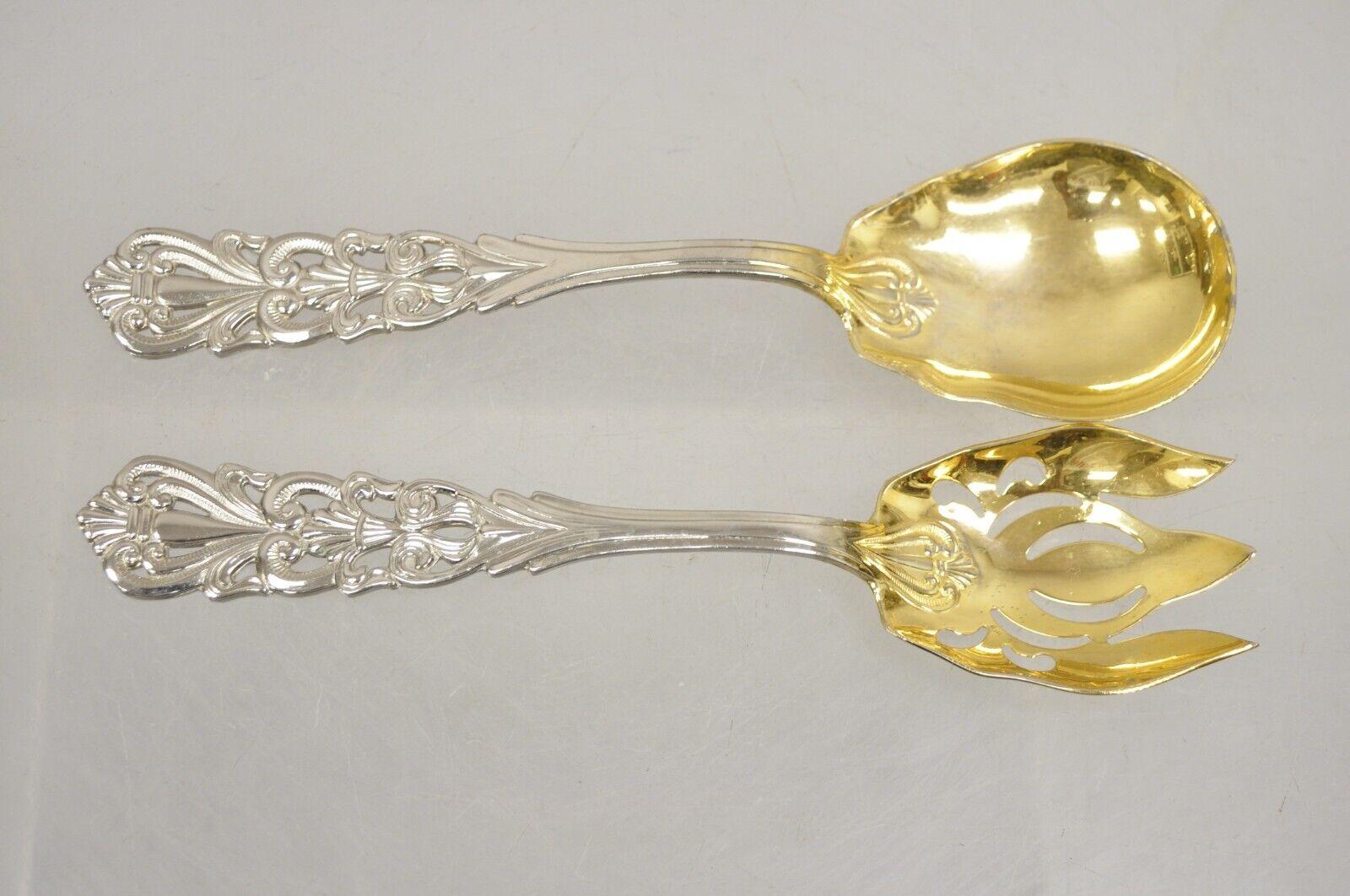 Vintage Italian Baroque Style EPNS Silver & Gold Plated Serving Spoon and Fork Set. Circa Late 20th Century. Measurements:  1