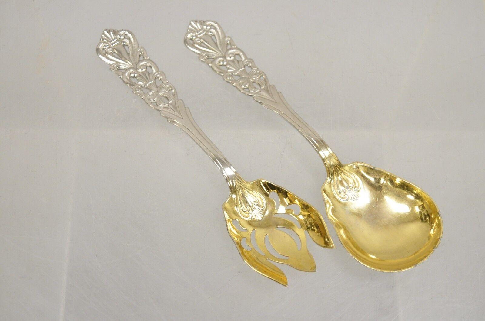 Vintage Italian Baroque Style EPNS Silver & Gold Plated Serving Spoon and Fork S In Good Condition For Sale In Philadelphia, PA