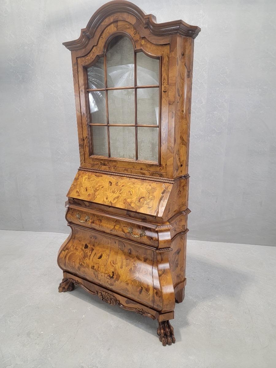 Vintage Italian Baroque Style Marquetry Inlay Carved Flip-Down Secretary Display Cabinet

A practical and elegant addition to any office or living room, this cabinet contains a remarkable amount of display and storage space. The outside and inner