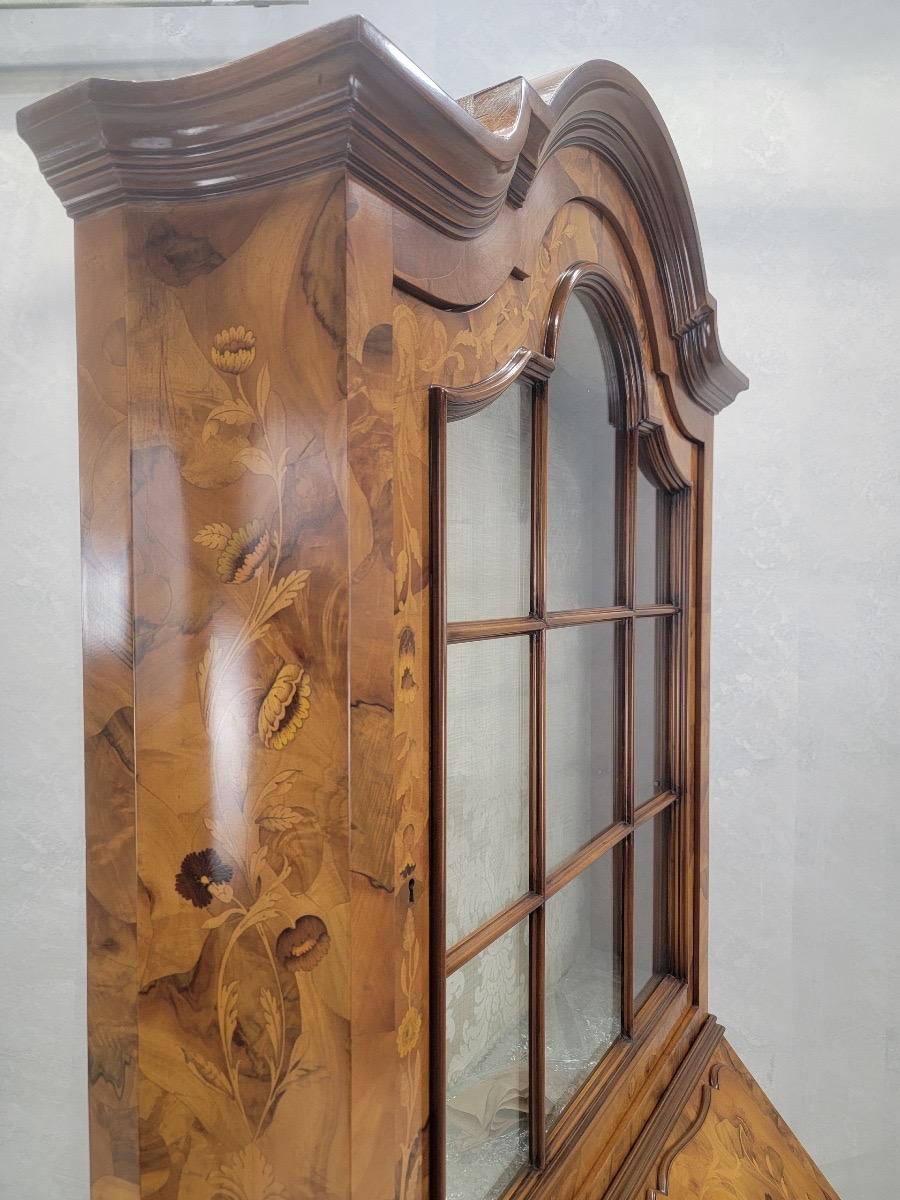 Glass Vintage Italian Baroque Style Marquetry Inlay Flip-Up Secretary Display Cabinet For Sale