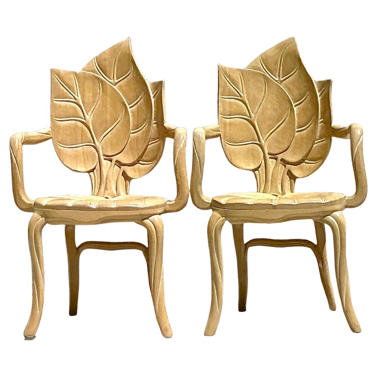 Vintage Italian Bartolozzi and Maioli Carved Rhubarb Leaf Chairs - A Pair