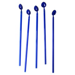 Vintage Italian Barware Blue Art Glass Cocktail Stirrers Straw Spoon, Set of 5