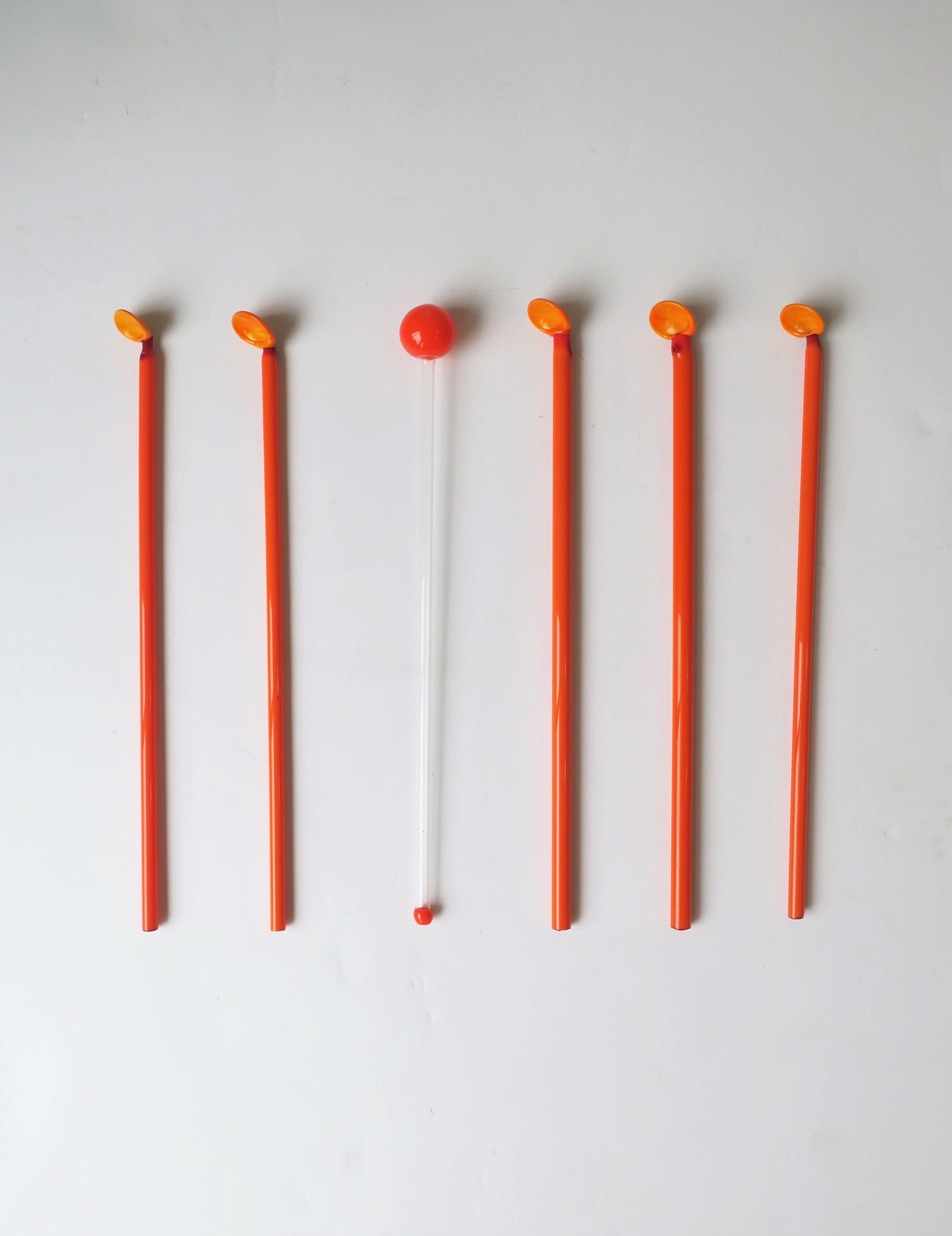 A beautiful set of six (6) vintage Italian barware orange art glass cocktail stirrers straw and spoon and one 'ball', circa mid-20th century, Italy. Beautiful for entertaining; bar, bar cart, yacht, etc. Each measure: 8