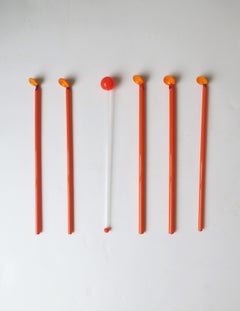 Vintage Italian Barware Orange Art Glass Cocktail Stirrers Straw Spoon, Set