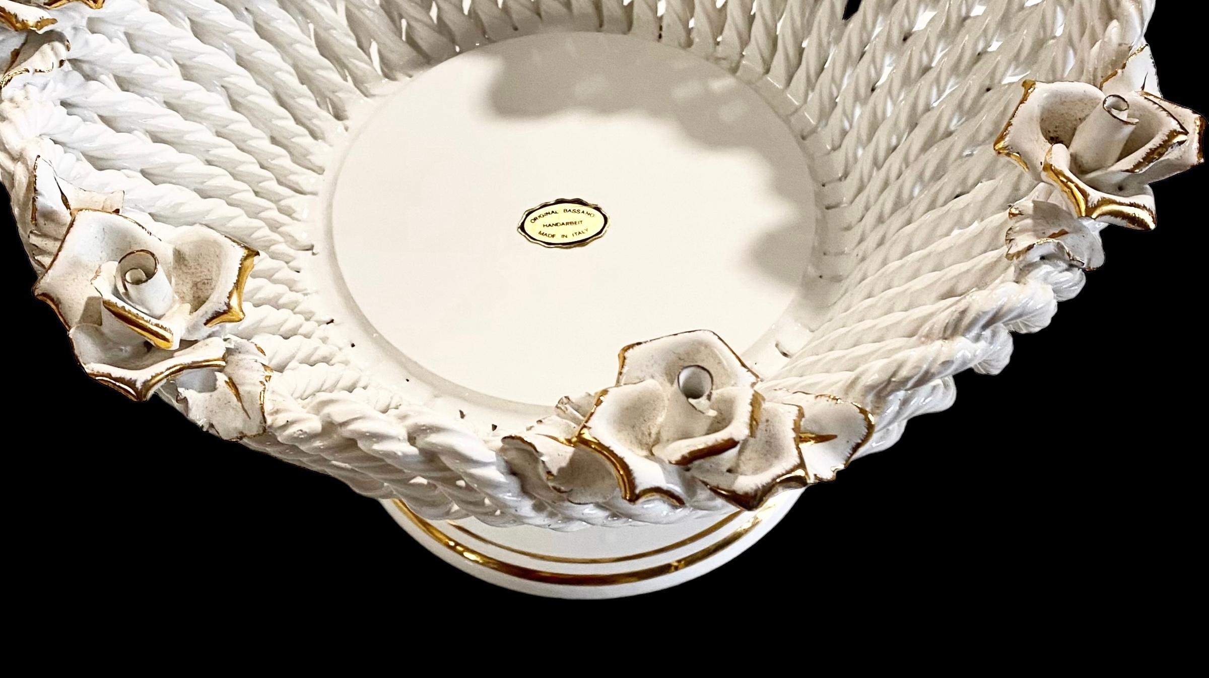 Mid-Century Modern Vintage Italian Bassano Roses Reticulated White Ceramic Fruit Bowl 