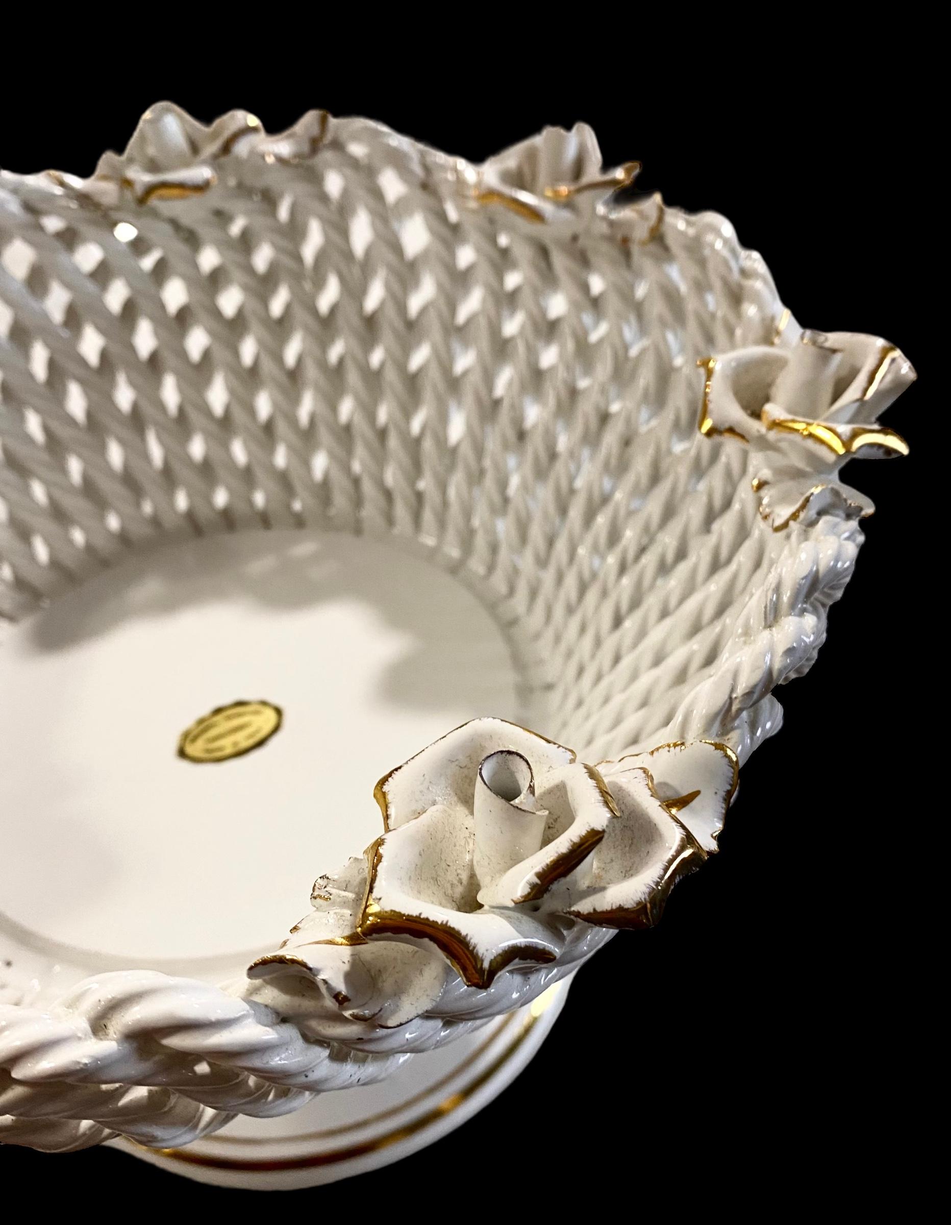 Mid-20th Century Vintage Italian Bassano Roses Reticulated White Ceramic Fruit Bowl 