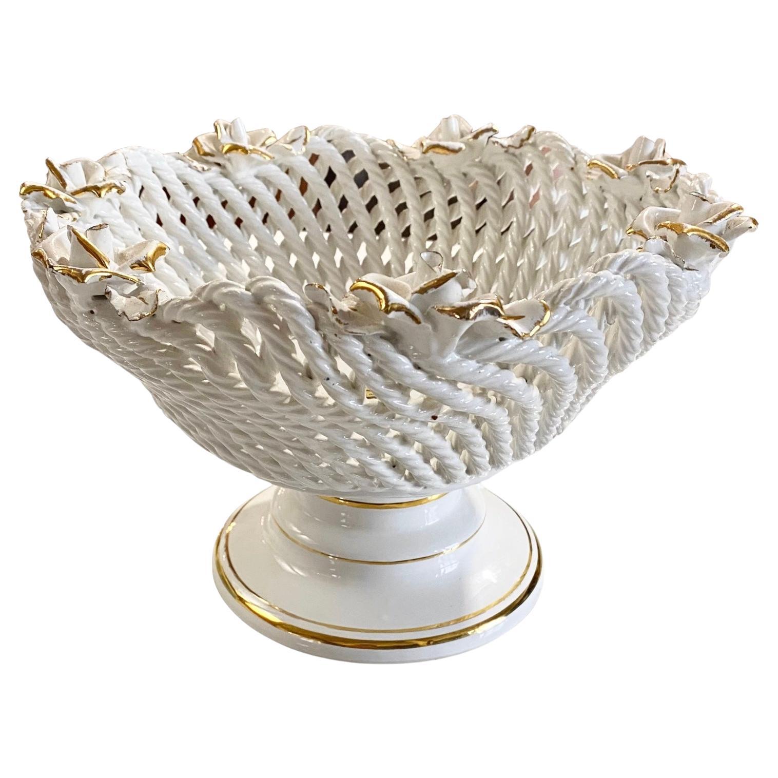 Vintage Italian Bassano Roses Reticulated White Ceramic Fruit Bowl  For Sale