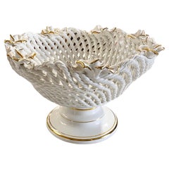 Vintage Italian Bassano Roses Reticulated White Ceramic Fruit Bowl 