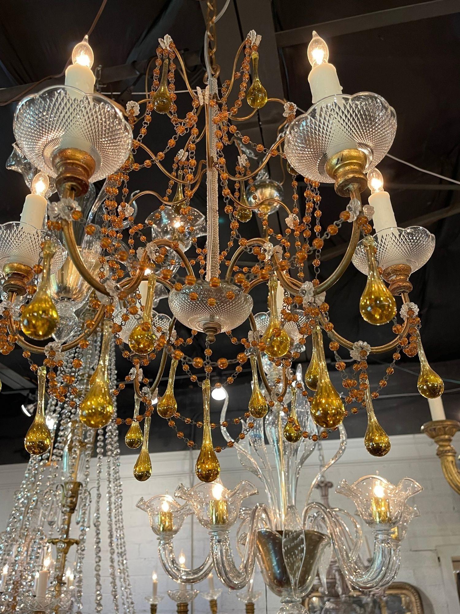 Vintage Italian Beaded Crystal and Amber Chandelier In Good Condition For Sale In Dallas, TX