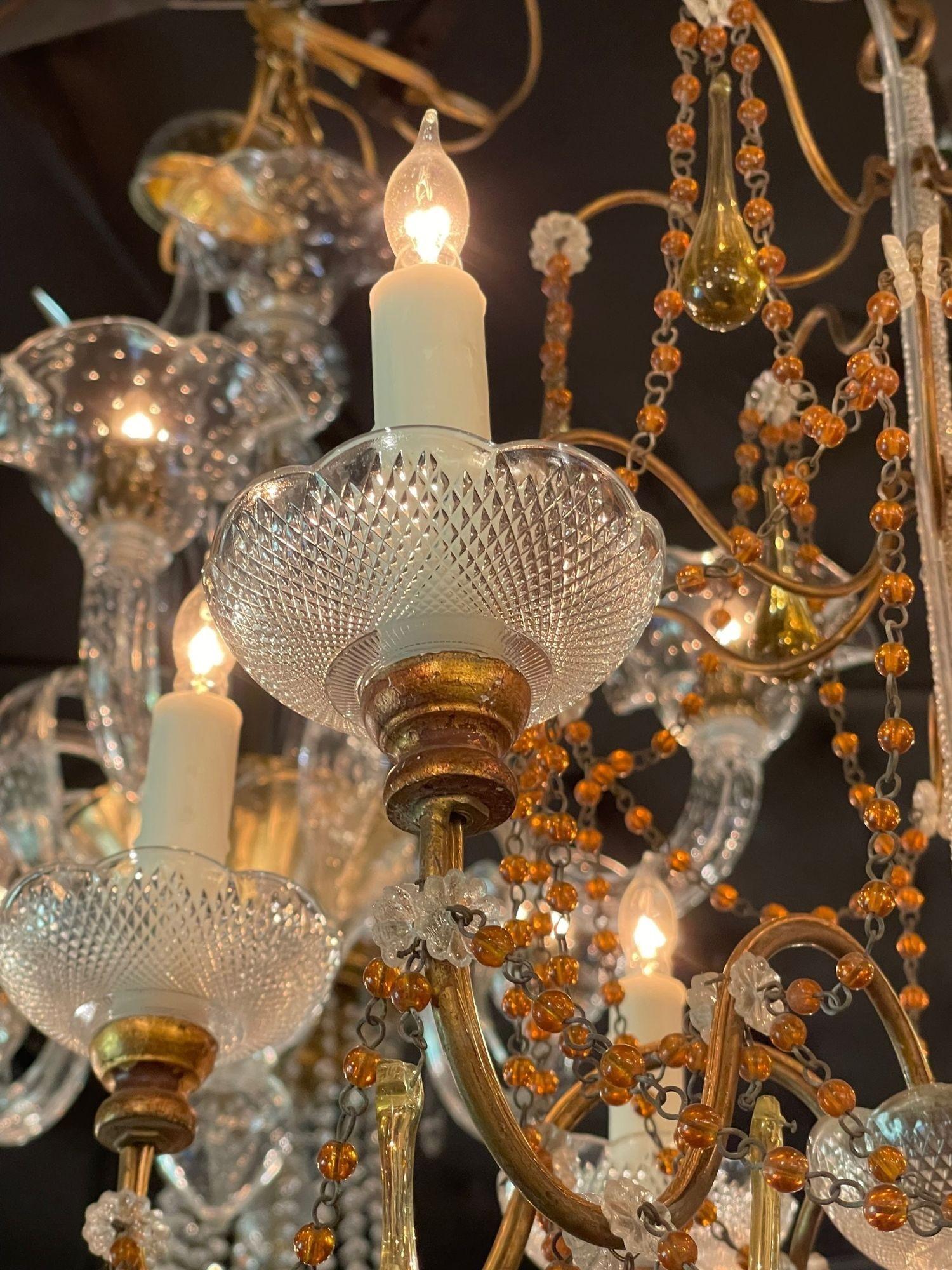 20th Century Vintage Italian Beaded Crystal and Amber Chandelier For Sale