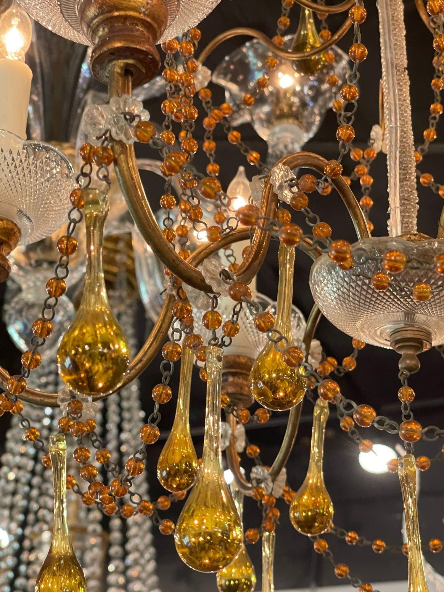 Vintage Italian Beaded Crystal and Amber Chandelier For Sale 1