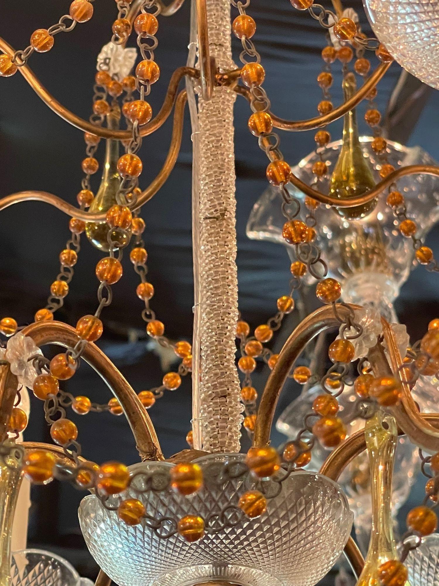 Vintage Italian Beaded Crystal and Amber Chandelier For Sale 2