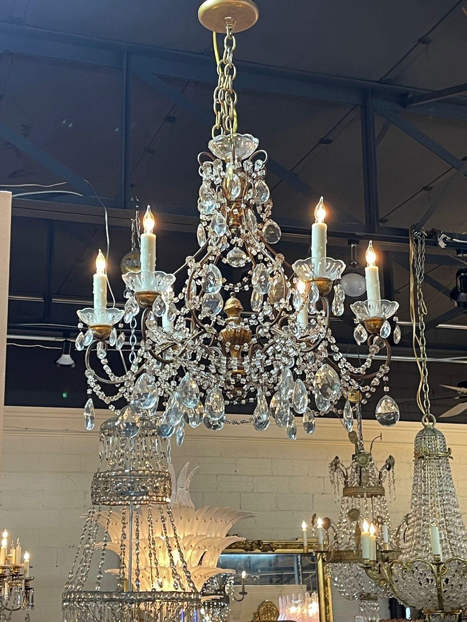 Vintage Italian Beaded Crystal and Giltwood Chandelier For Sale 3