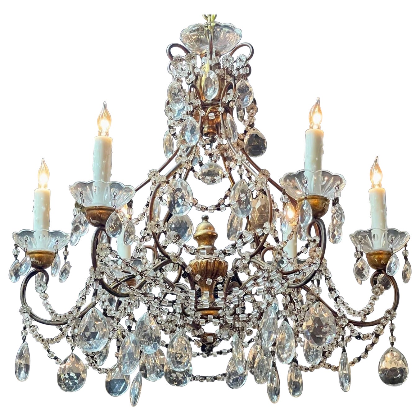 Araña italiana vintage de cuentas de cristal y madera de giltwood