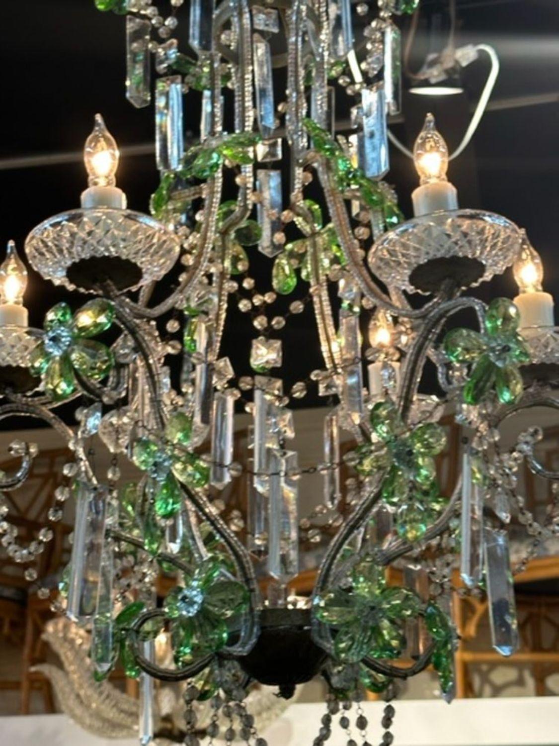 Vintage Italian Beaded Crystal and Green Prism Chandelier In Good Condition For Sale In Dallas, TX