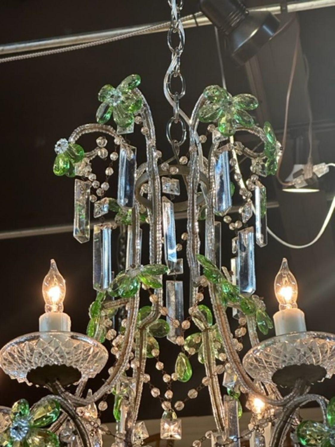 20th Century Vintage Italian Beaded Crystal and Green Prism Chandelier For Sale