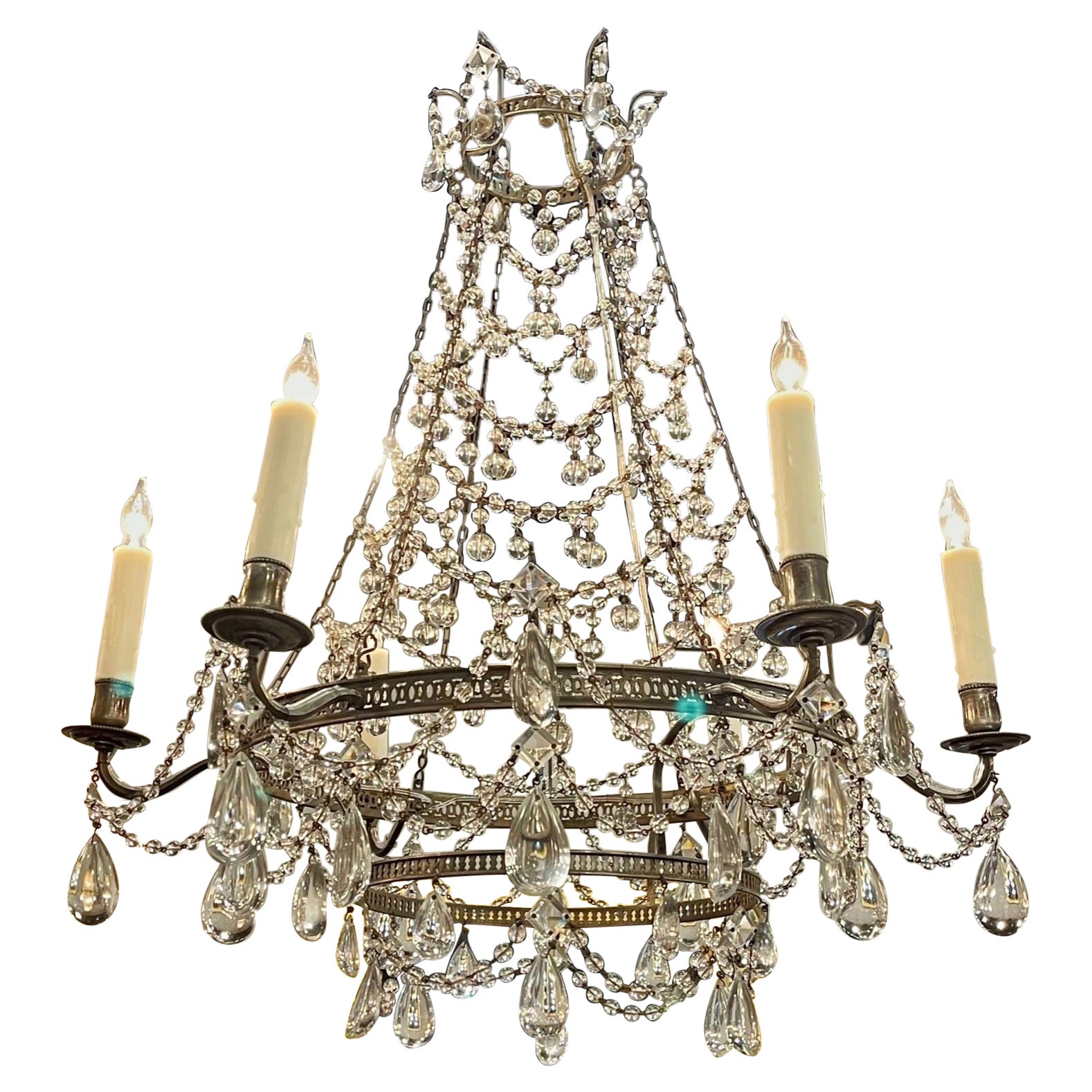 Lampadario italiano vintage in cristallo con perline e gocce di lacrima