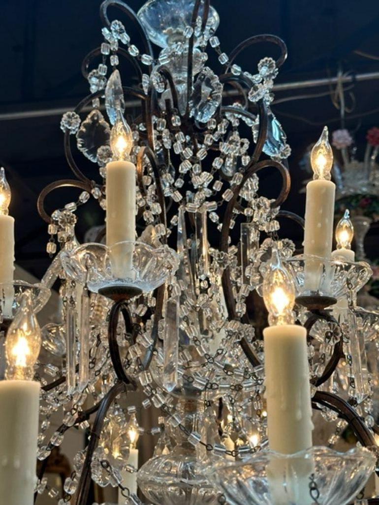 Metal Vintage Italian Beaded Crystal Chandeliers with 16 Lights For Sale