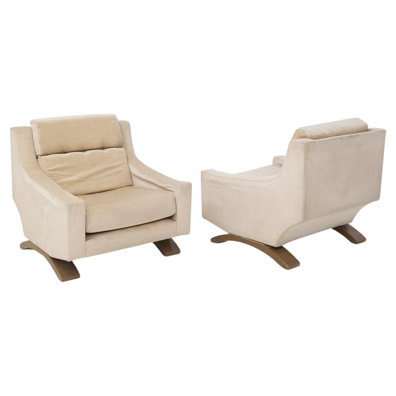 Vintage Italian Beige Velvet and Wooden Armchairs