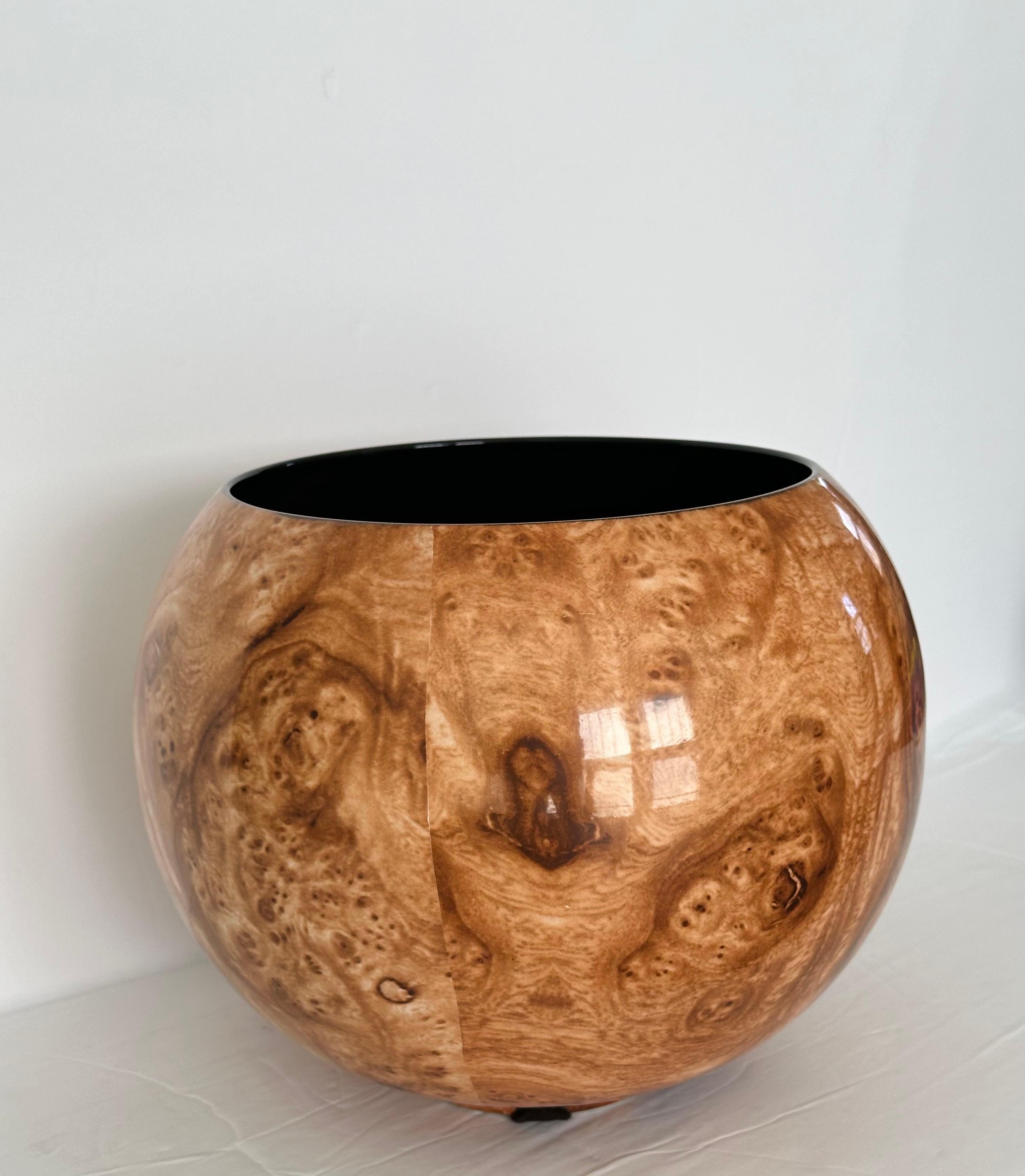Art Deco Vintage Italian Bellini Faux Bois Burl Wood Ceramic Round Vase