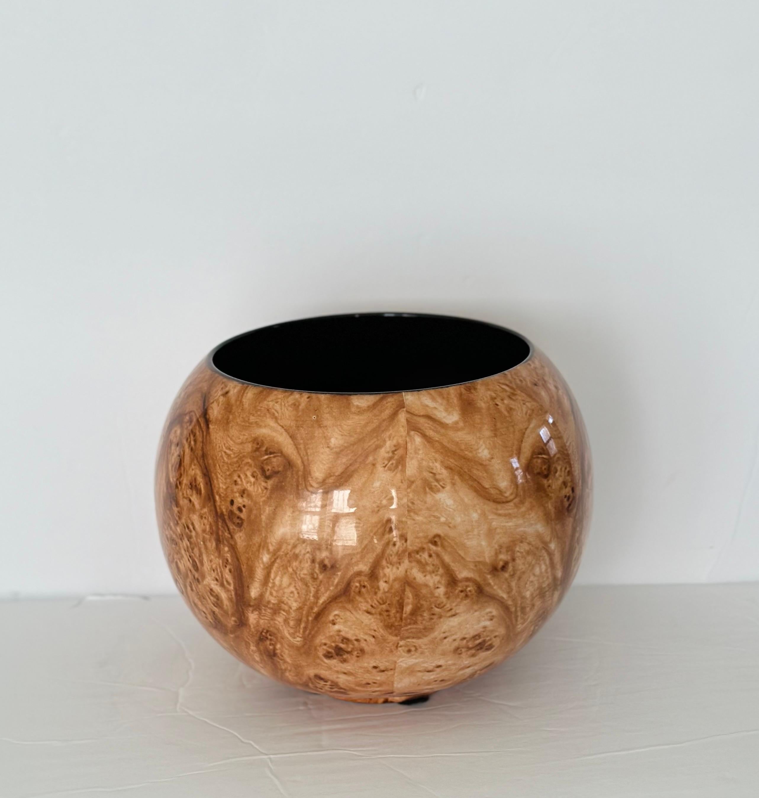Vintage Italian Bellini Faux Bois Burl Wood Ceramic Round Vase In Good Condition In Farmington Hills, MI