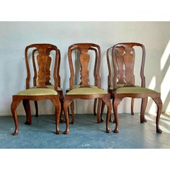 Vintage Italian Bench Made Burl Wood Queen Ann Dining Chairs - Set of 6