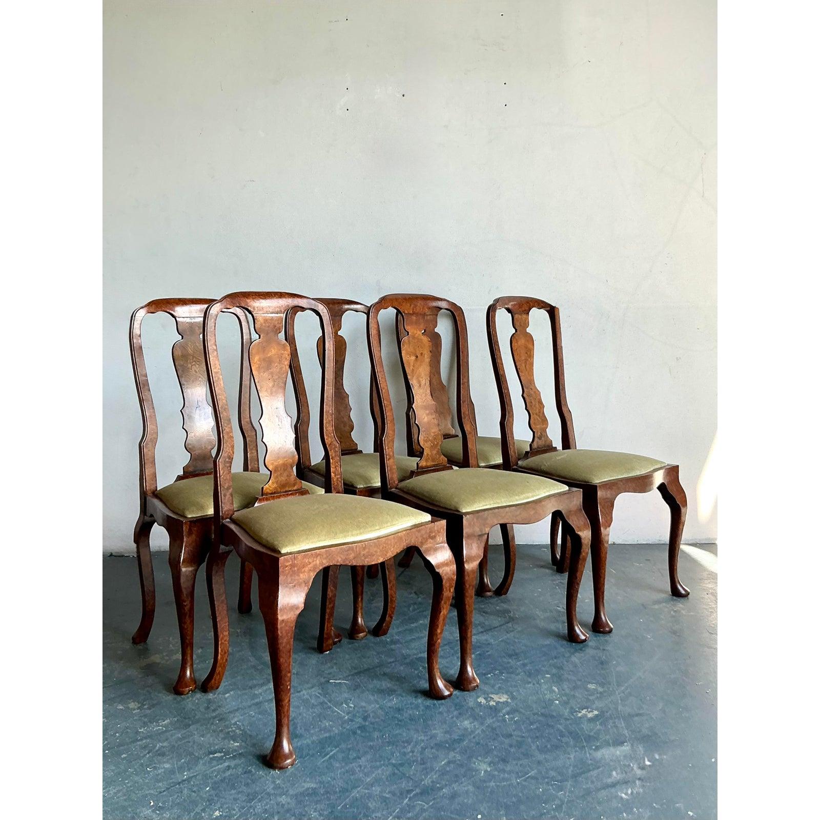 Hollywood Regency Sedie da pranzo Queen Anne vintage in legno di radica realizzate al banco - Set di 6 sedie in vendita