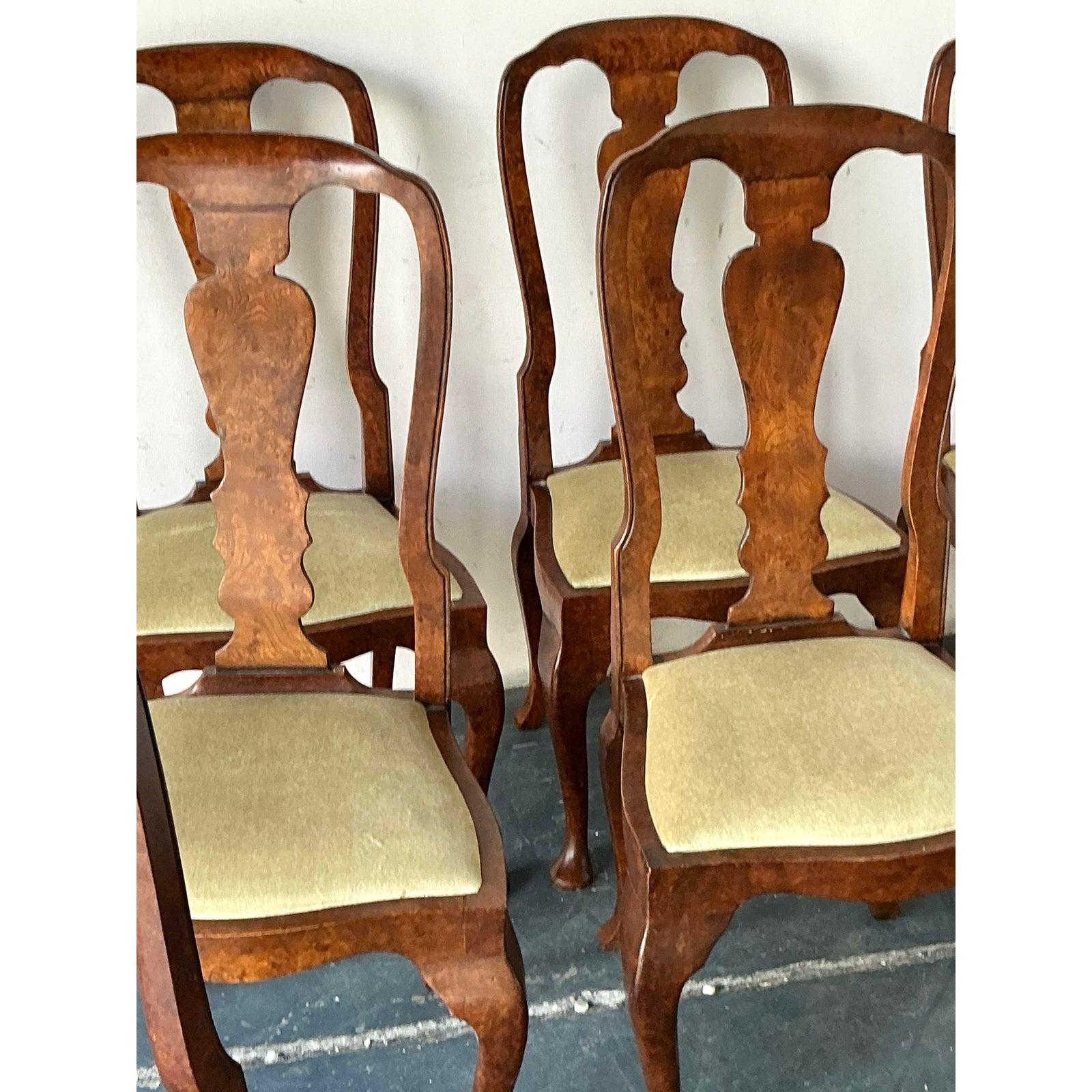 Americano Sedie da pranzo Queen Anne vintage in legno di radica realizzate al banco - Set di 6 sedie in vendita