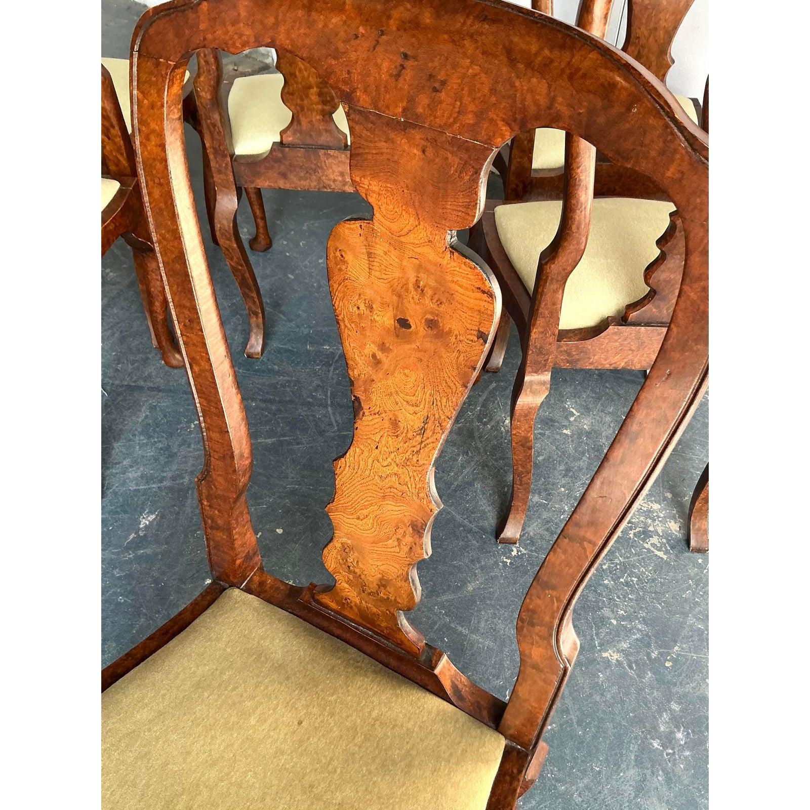 Sedie da pranzo Queen Anne vintage in legno di radica realizzate al banco - Set di 6 sedie In condizioni buone in vendita a West Palm Beach, FL