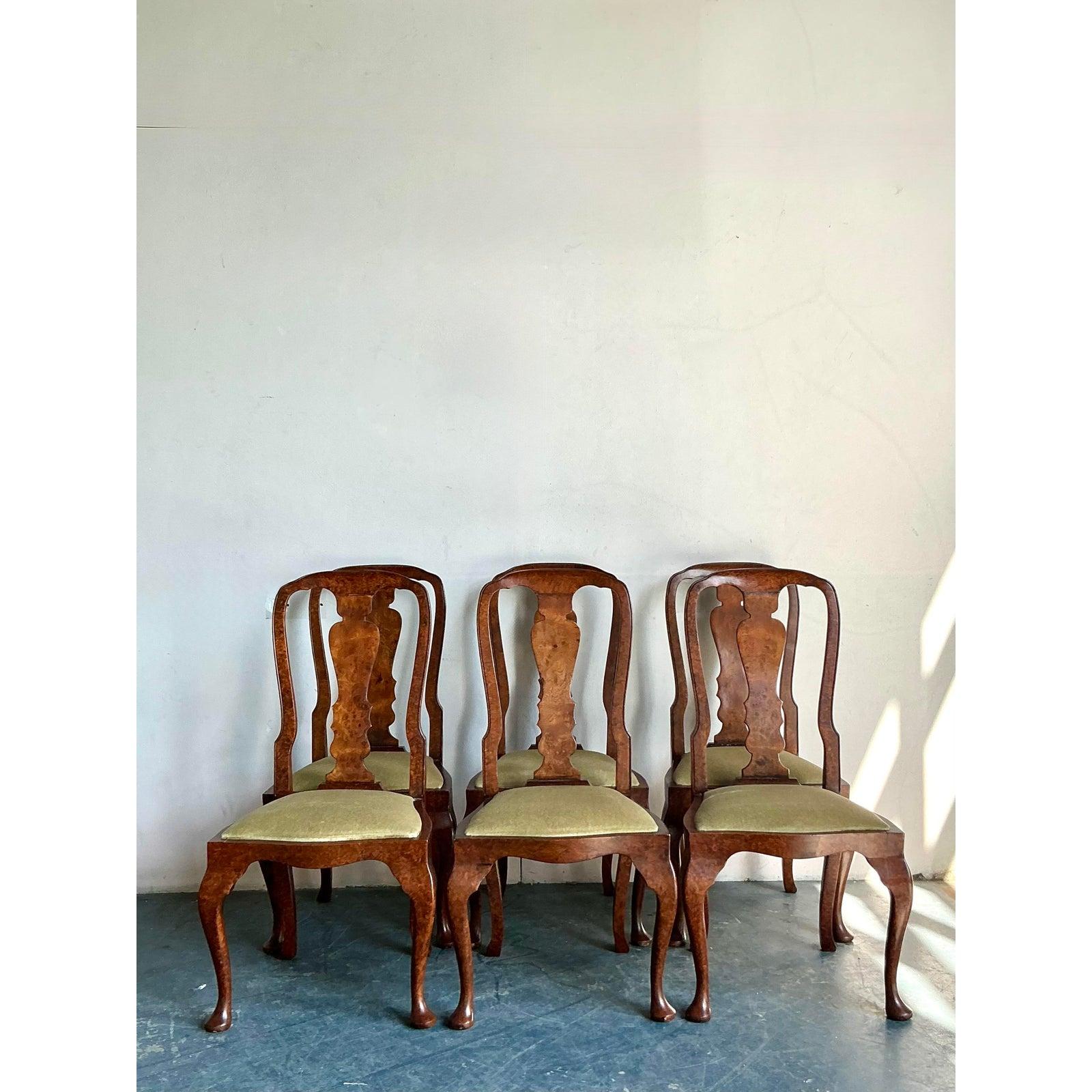 XX secolo Sedie da pranzo Queen Anne vintage in legno di radica realizzate al banco - Set di 6 sedie in vendita