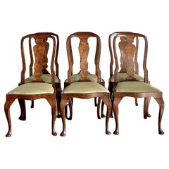 Vintage Italian Bench Made Burl Wood Queen Ann Dining Chairs - Set of 6