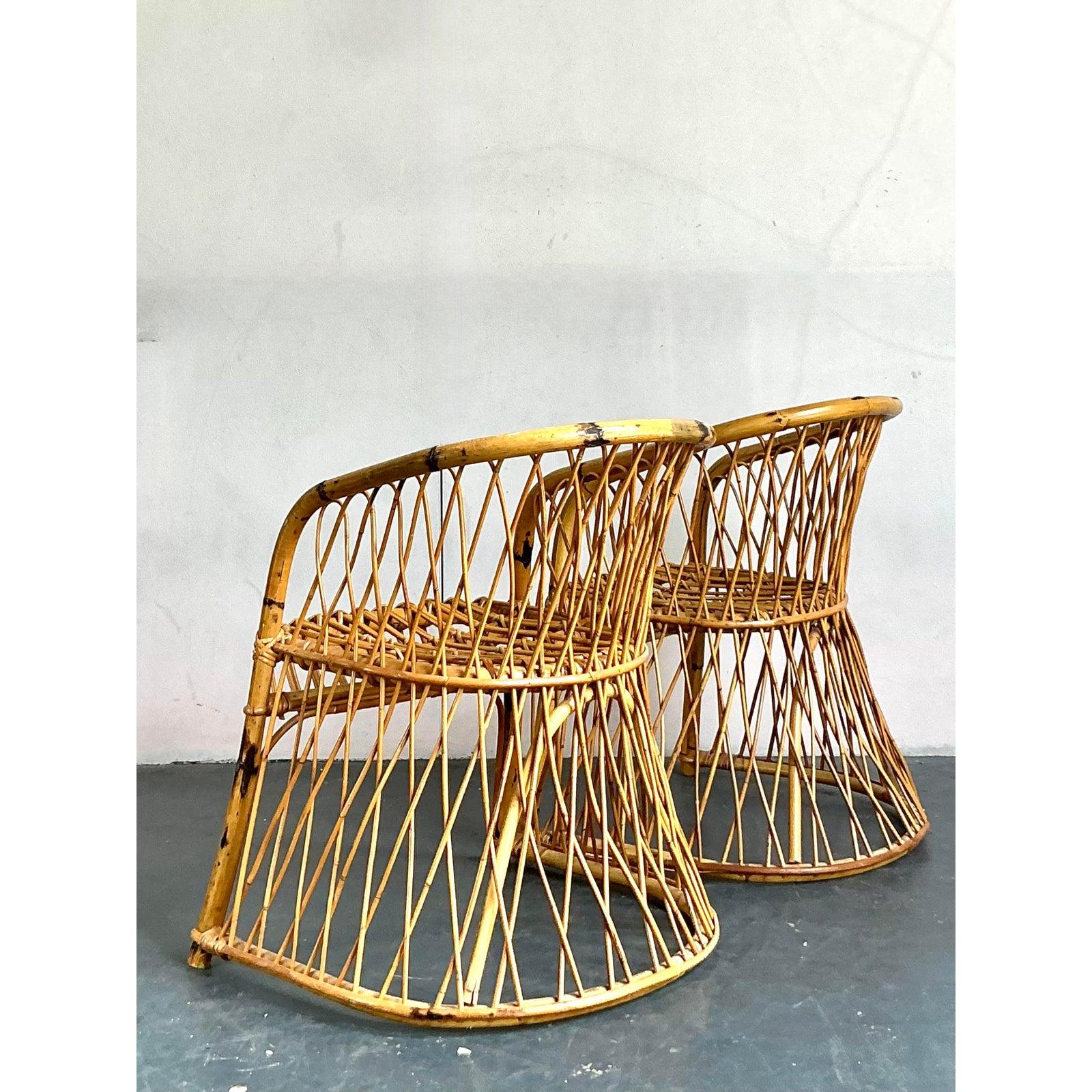 Vintage Italian Bent Rattan Armchairs - A Pair In Good Condition For Sale In West Palm Beach, FL