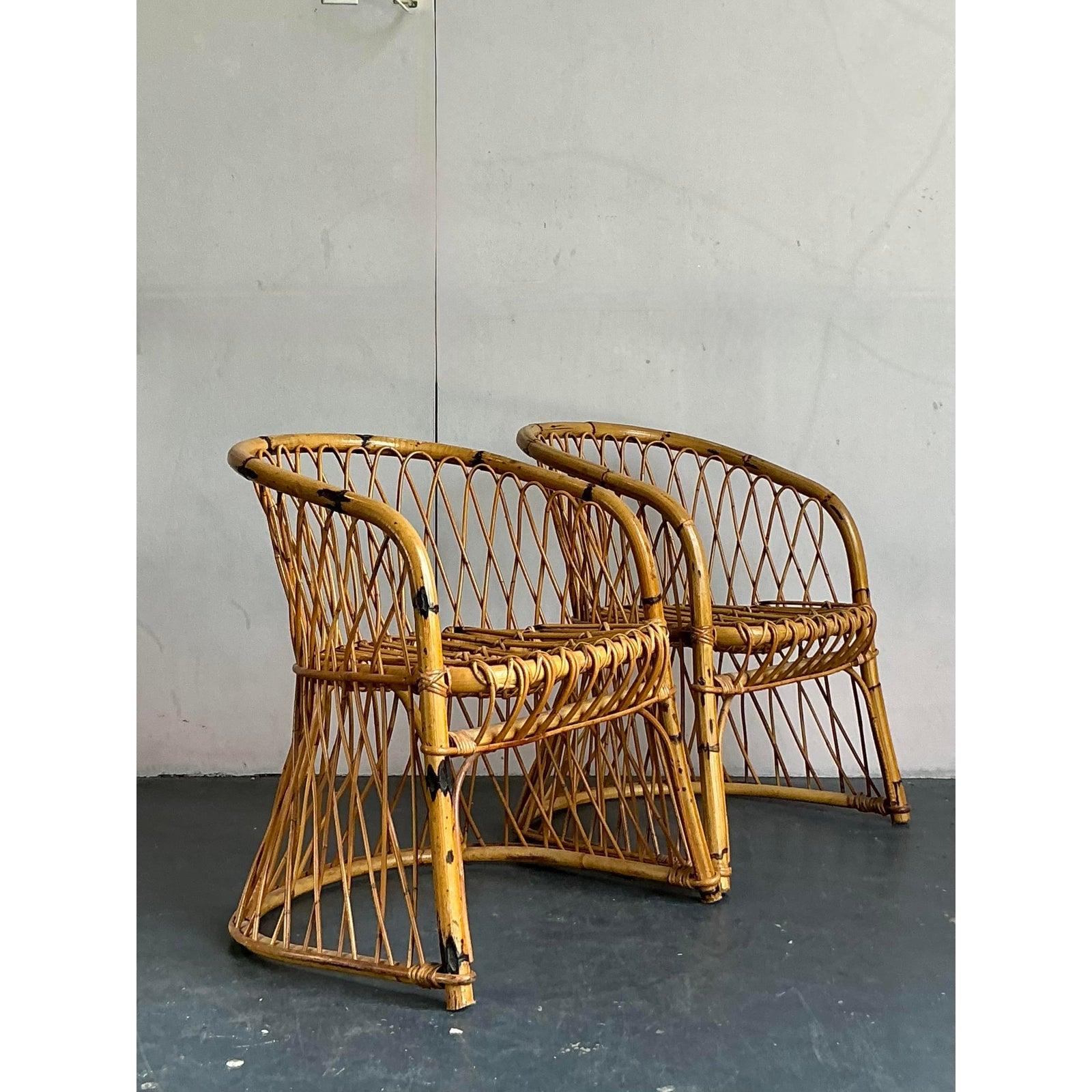 20th Century Vintage Italian Bent Rattan Armchairs - A Pair For Sale
