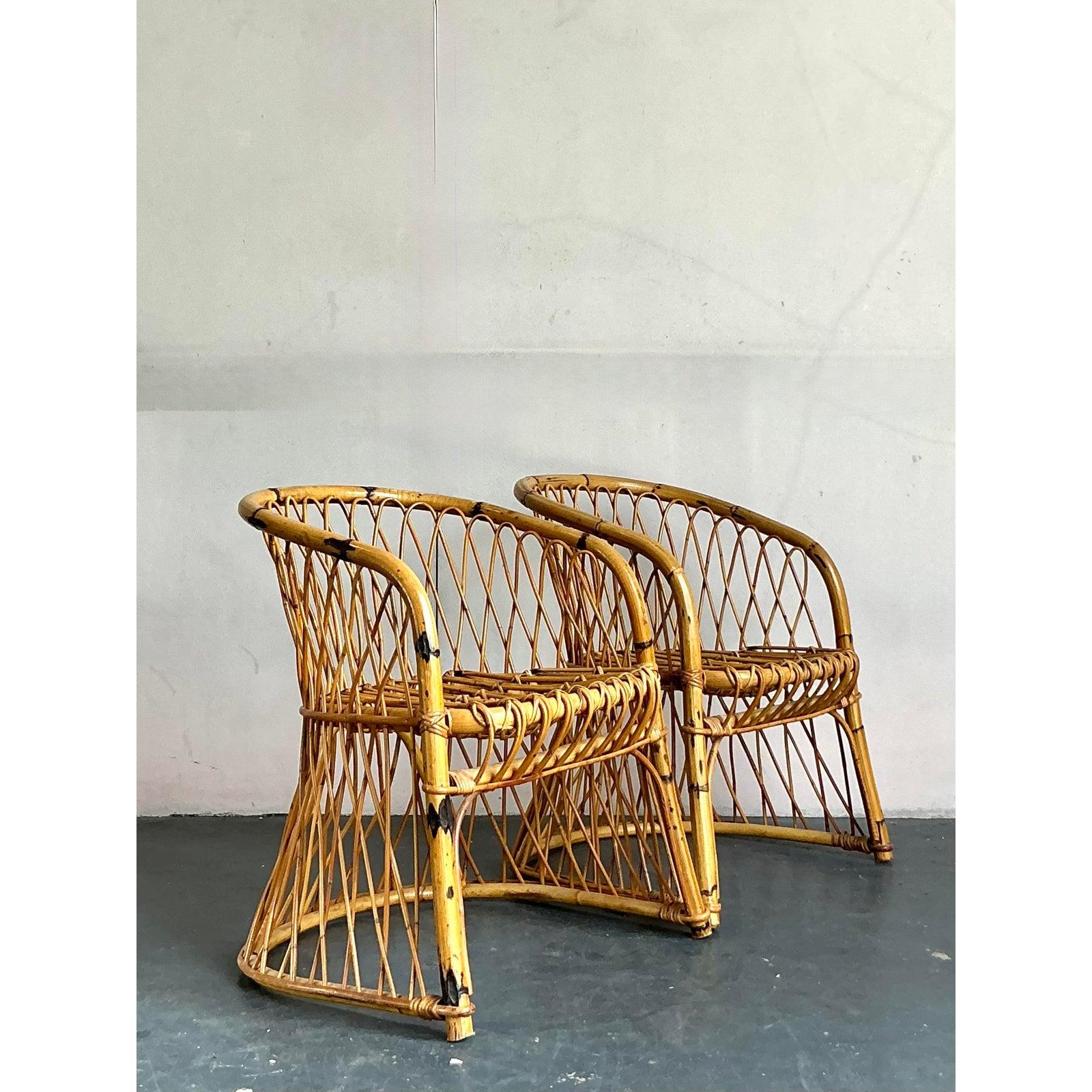 Fabric Vintage Italian Bent Rattan Armchairs - A Pair For Sale