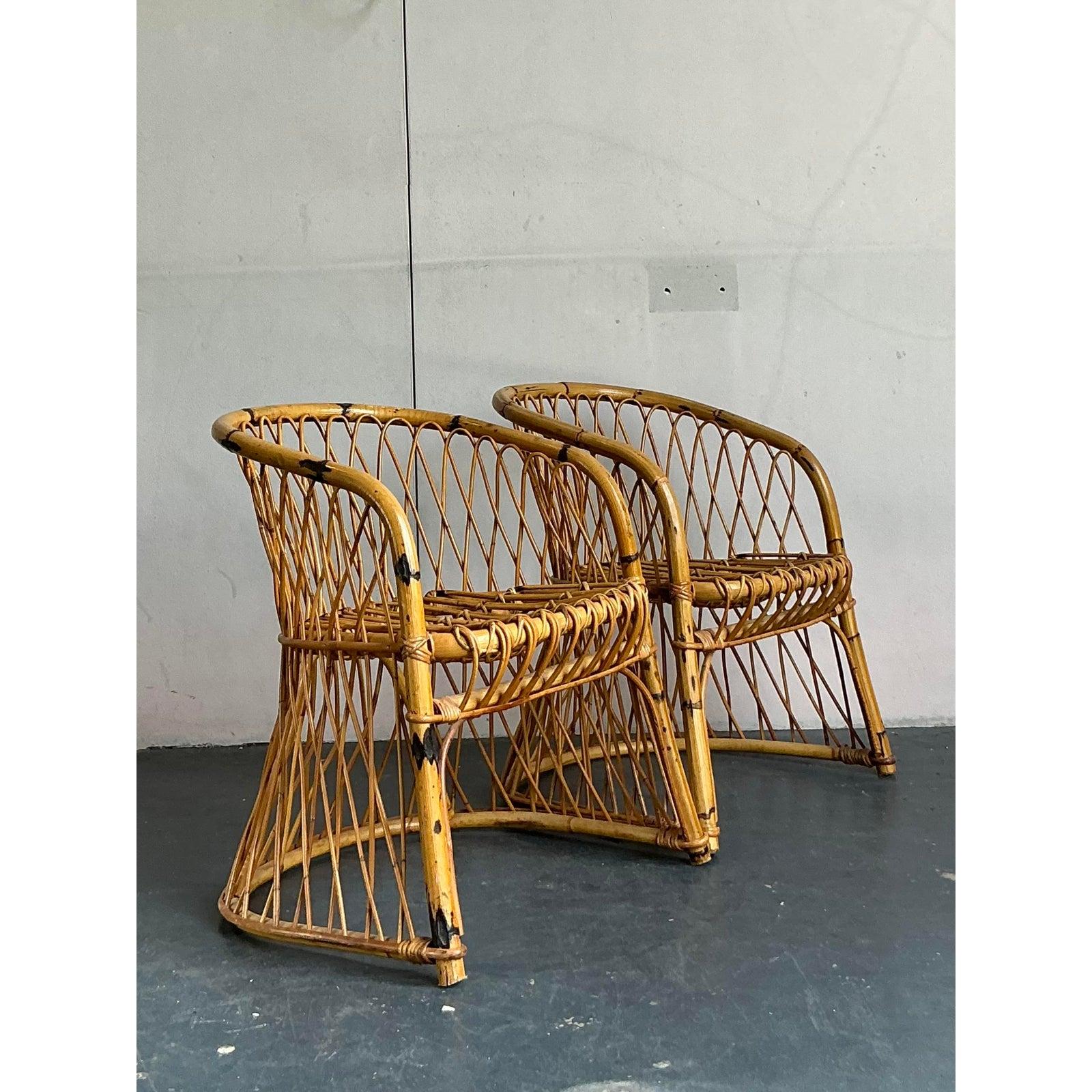 Vintage Italian Bent Rattan Armchairs - A Pair For Sale 1