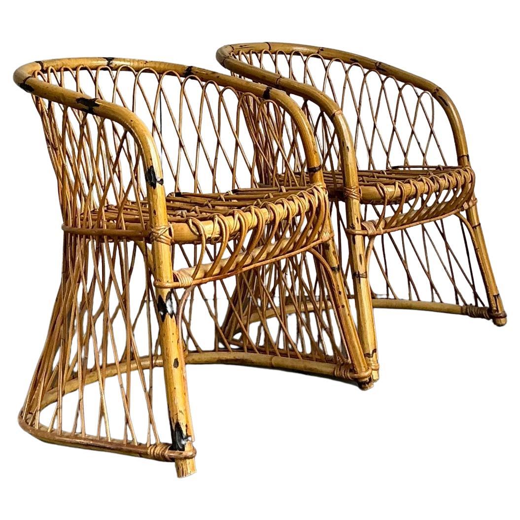 Vintage Italian Bent Rattan Armchairs - A Pair For Sale