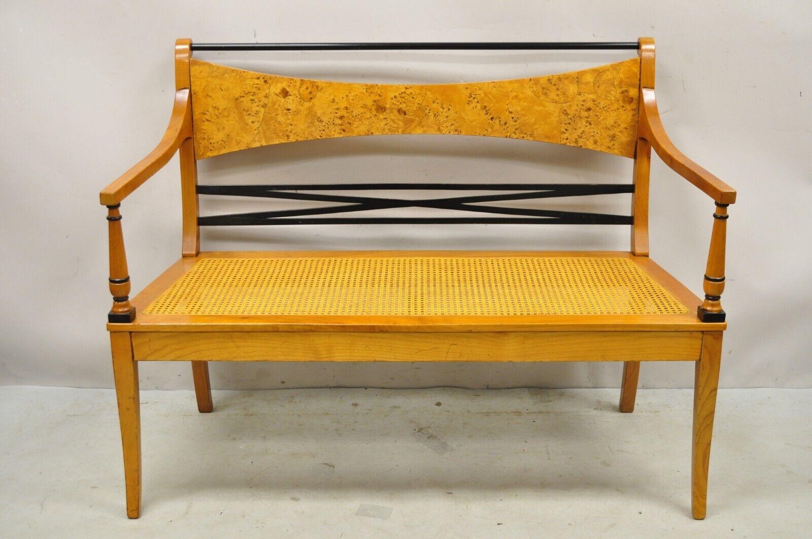 Vintage Italian Biedermeier X-Frame Burlwood Cane Seat Klismos Long Bench Settee For Sale 3