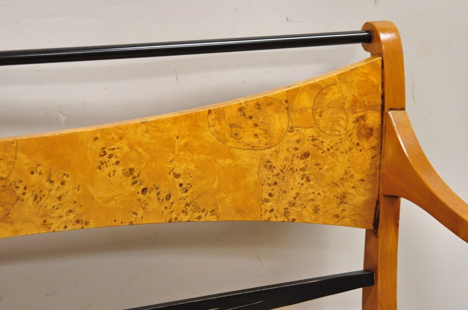 20th Century Vintage Italian Biedermeier X-Frame Burlwood Cane Seat Klismos Long Bench Settee For Sale