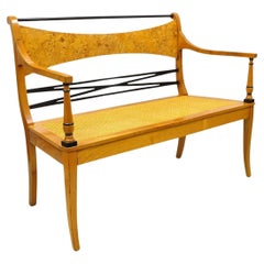 Retro Italian Biedermeier X-Frame Burlwood Cane Seat Klismos Long Bench Settee