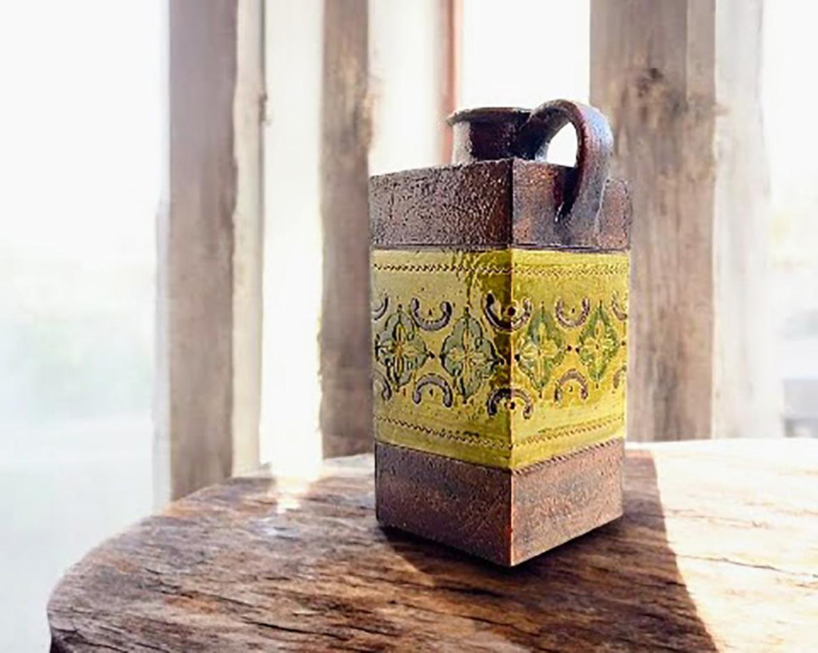 Glazed Rustic Mid Century Bitossi Aldo Londi ¨Arabesque Decor¨ Ceramic Pitcher, 1960s For Sale