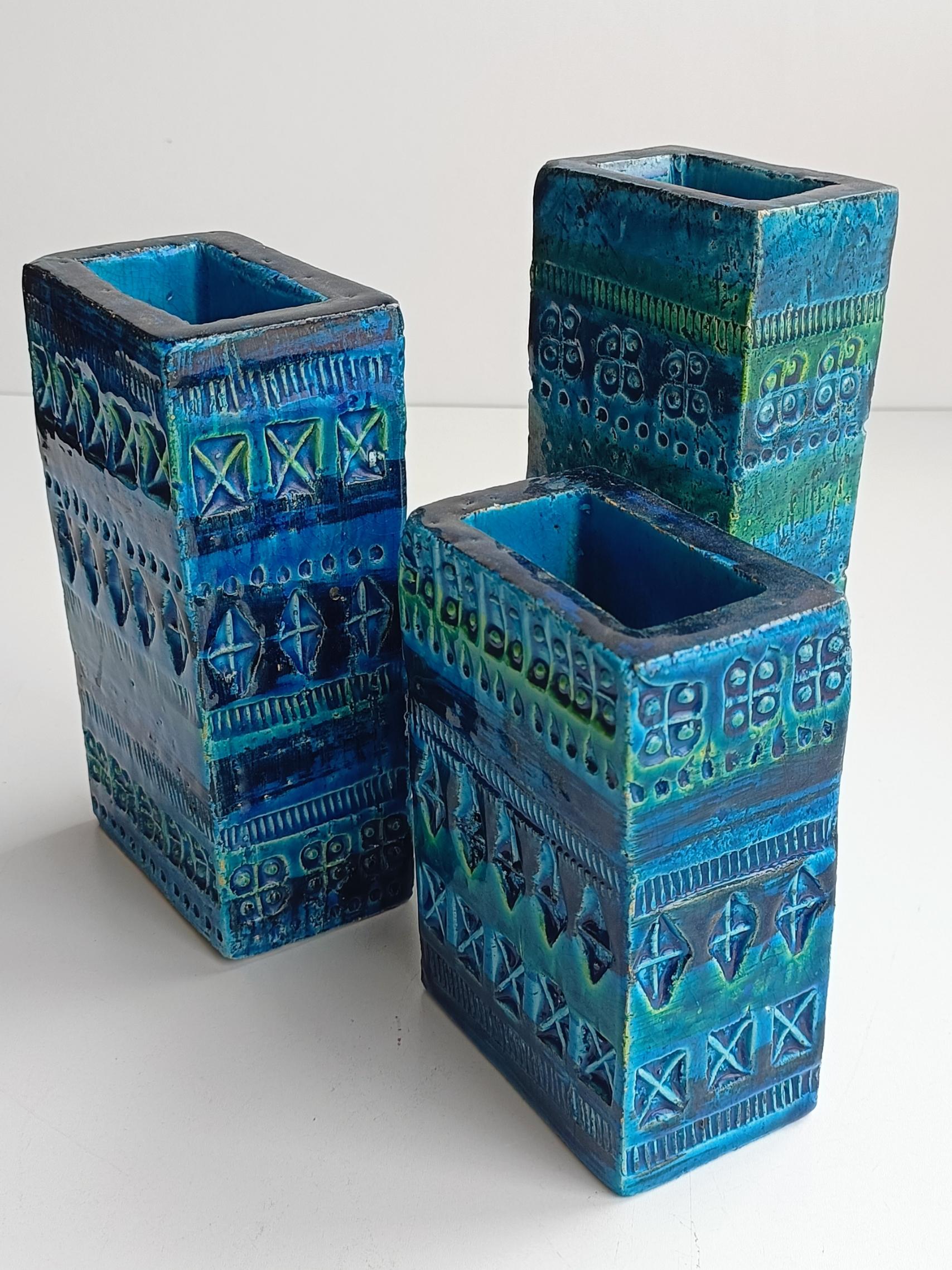 Glazed Vintage Italian Bitossi Aldo Londi Rimini Blu Set of Three Ceramic Vases, 1960s For Sale