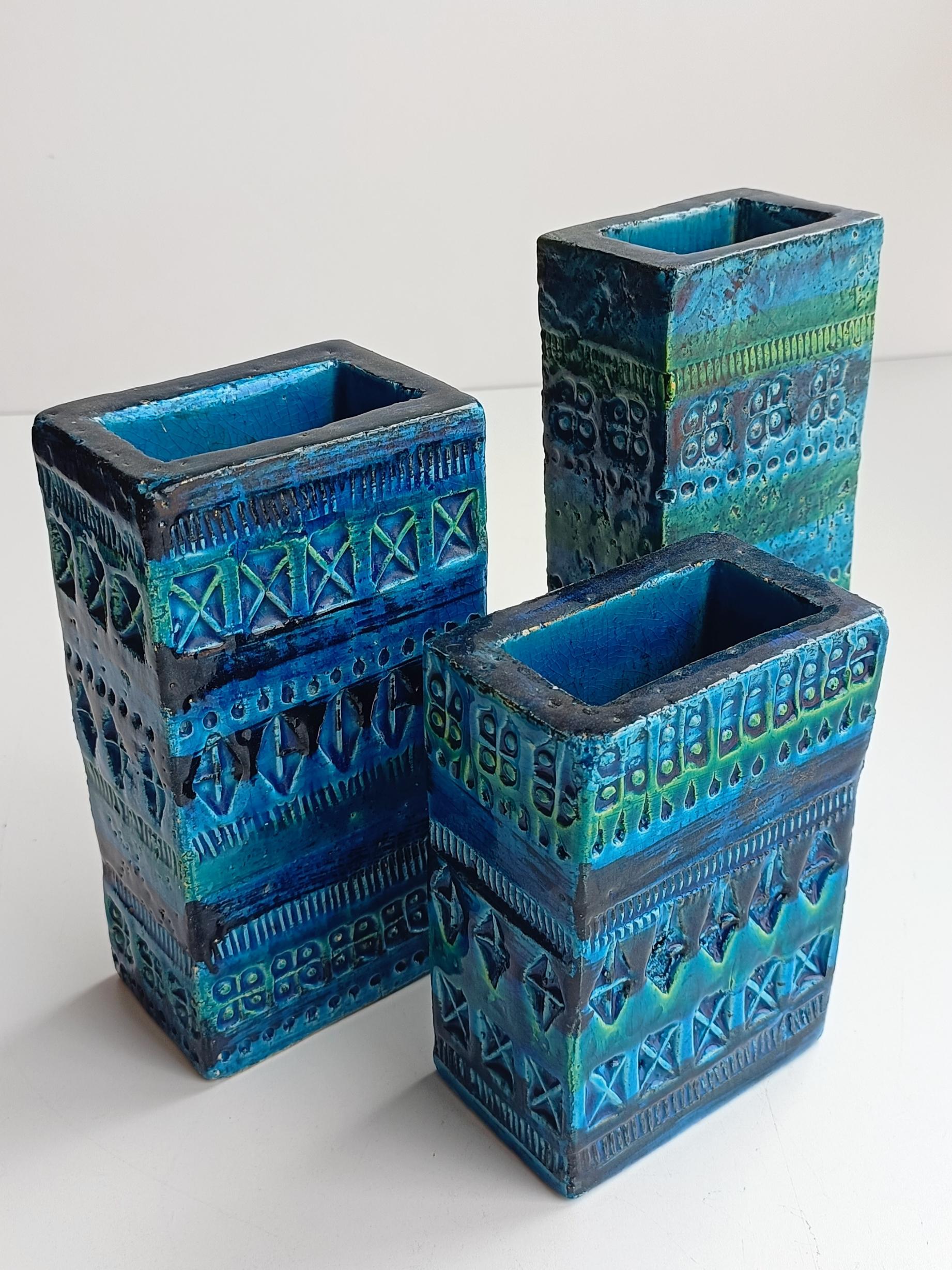 Vintage Italian Bitossi Aldo Londi Rimini Blu Set of Three Ceramic Vases, 1960s 2
