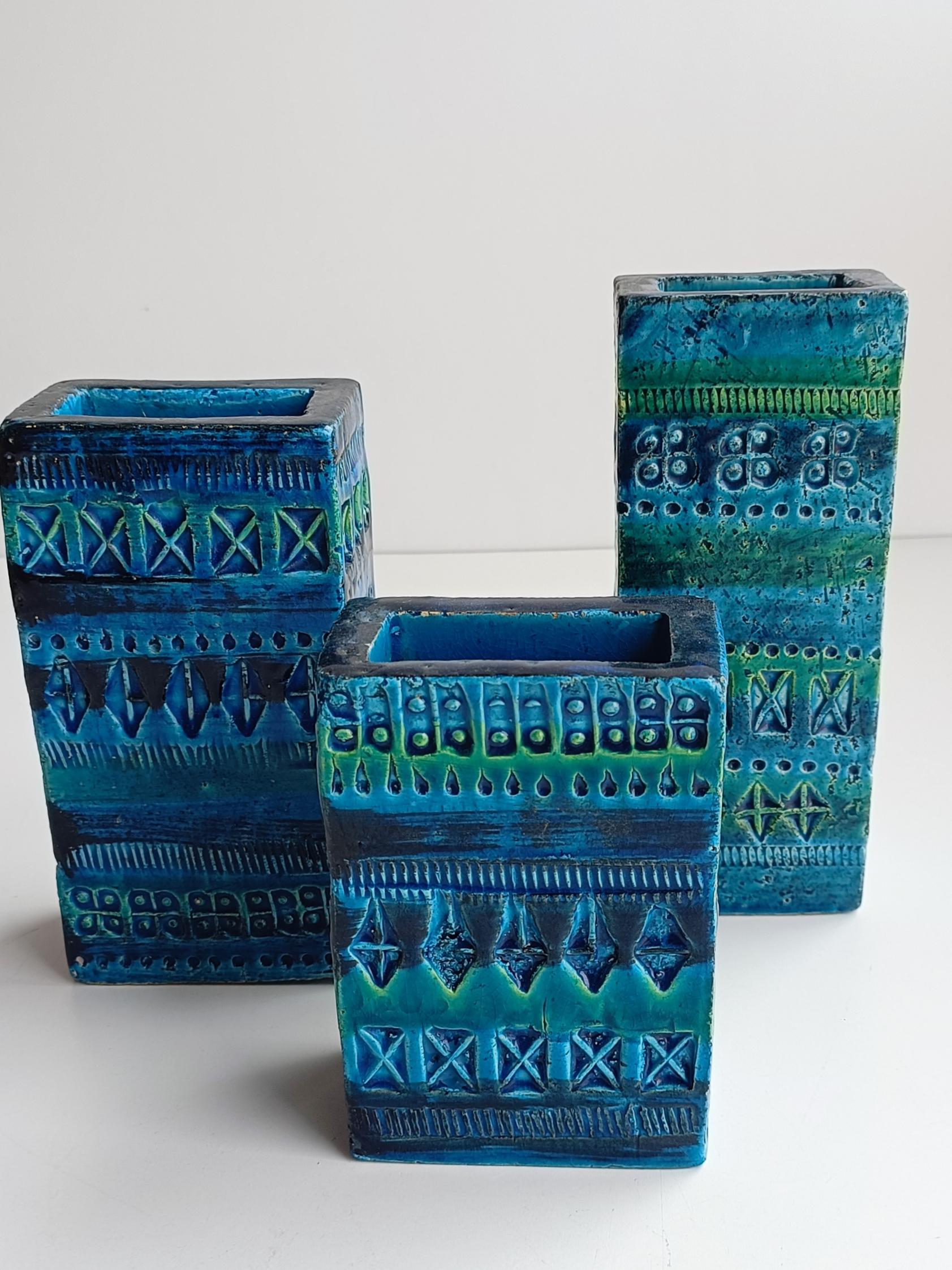 Vintage Italian Bitossi Aldo Londi Rimini Blu Set of Three Ceramic Vases, 1960s 3