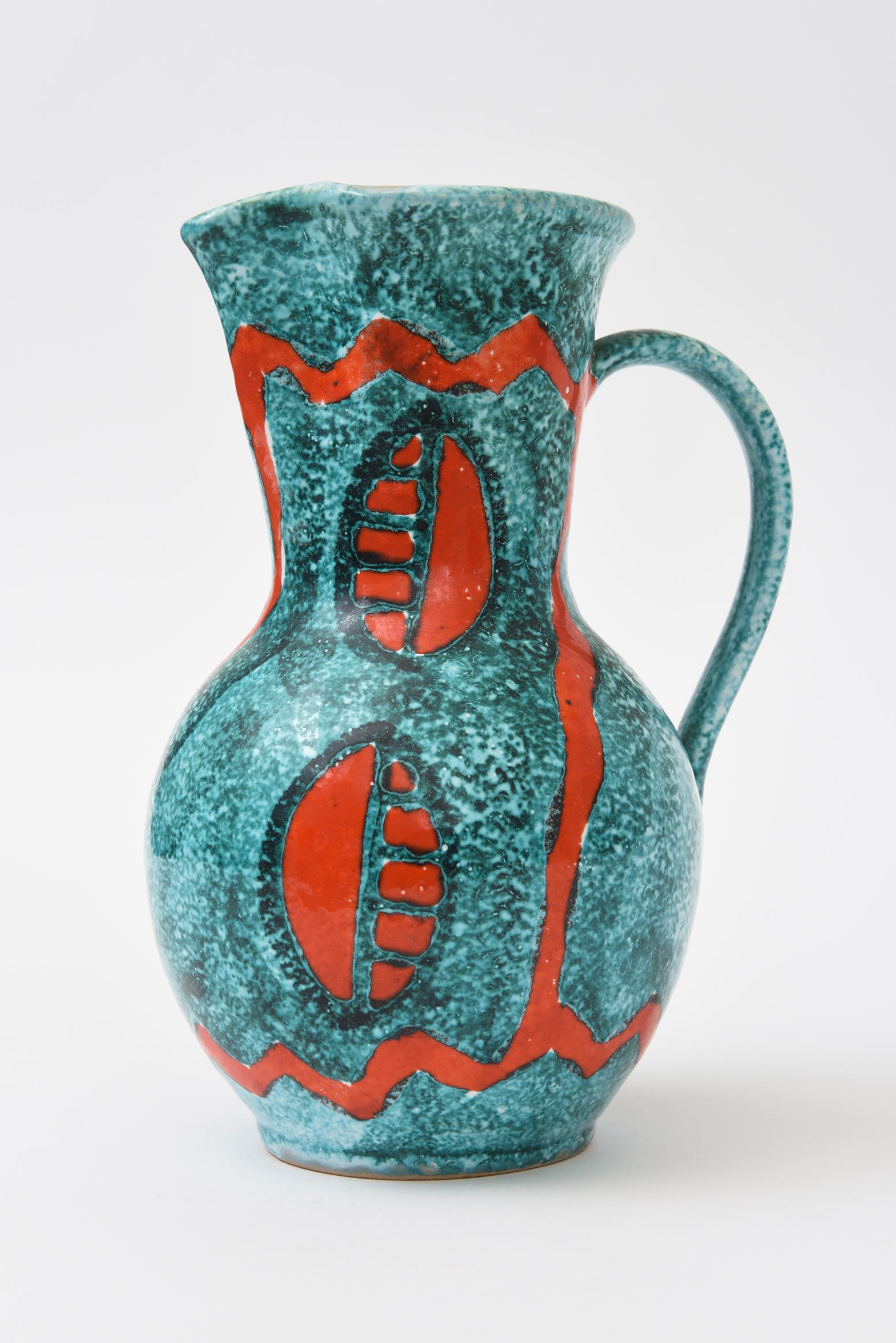 Mid-Century Modern Pichet vintage en céramique abstraite de style Bitossi Turquoise, Orange, Blanc en vente