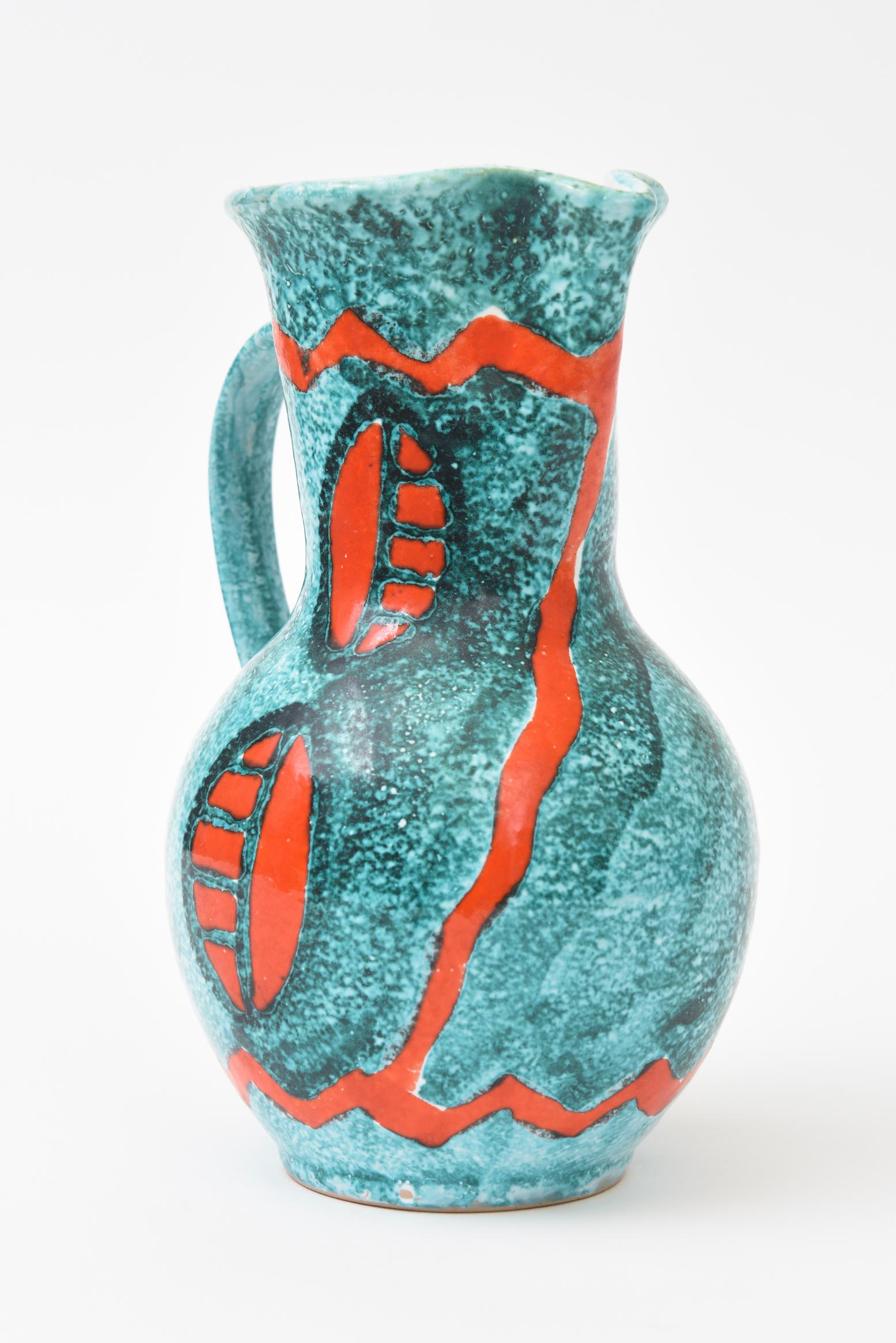 Céramique Pichet vintage en céramique abstraite de style Bitossi Turquoise, Orange, Blanc en vente