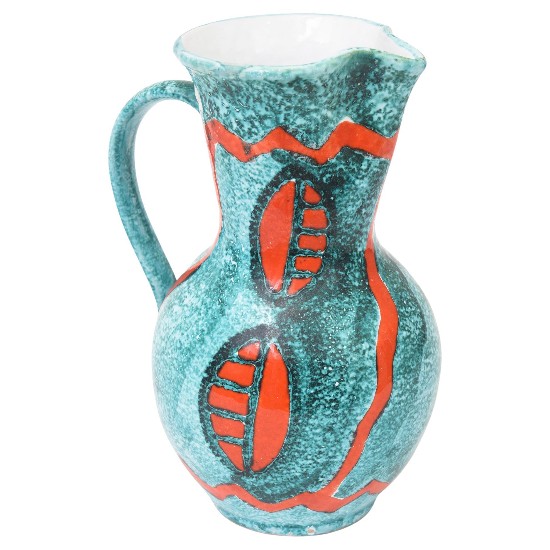 Pichet vintage en céramique abstraite de style Bitossi Turquoise, Orange, Blanc en vente